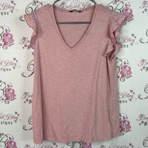 Denver hayes tshirt tee crochet sleeve style Pink Ruffle Sleeve V-Neck Top